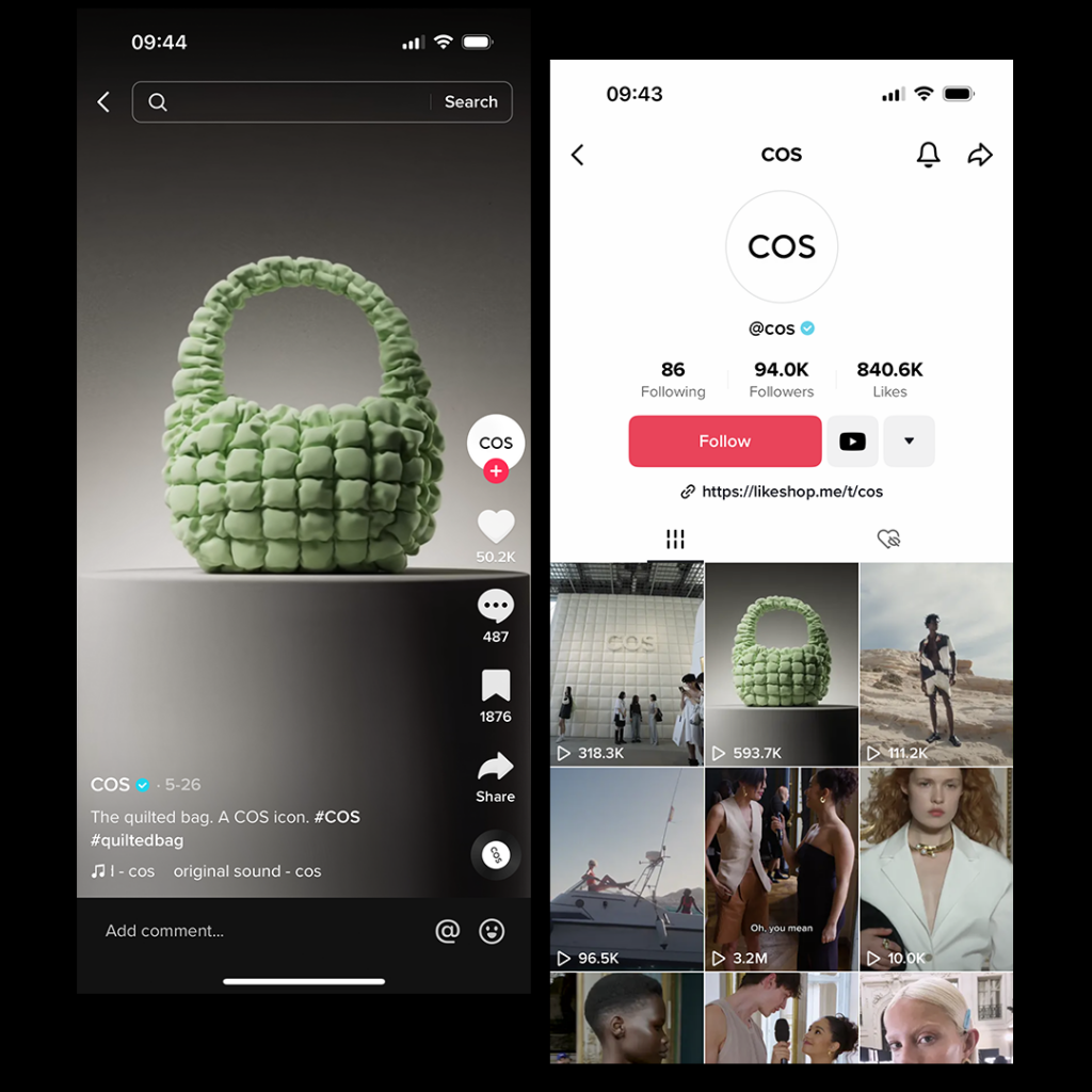 Image is a screenshot of COS tiktok post featuring the quilted bag video by Yatta